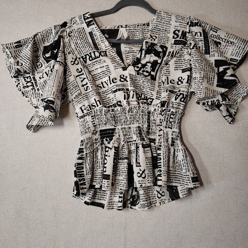 Live 4 Truth Newspaper Print Blouse S Puff Sleeve Smocked Peplum Y2K
